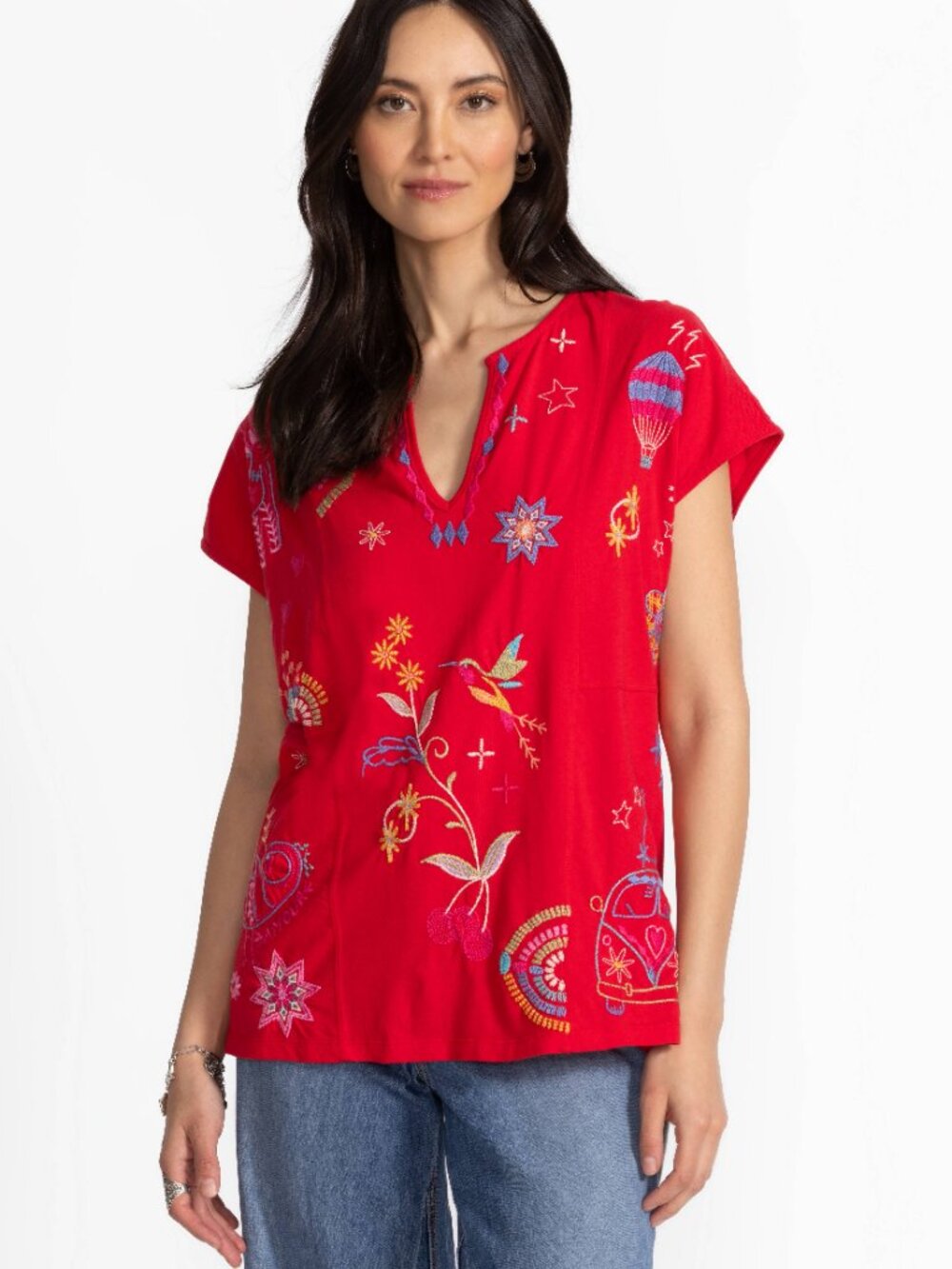 Johnny Was S Easy Paneled V Neck Tee T-Shirt Red Loulia Embroidered Cotton Top
